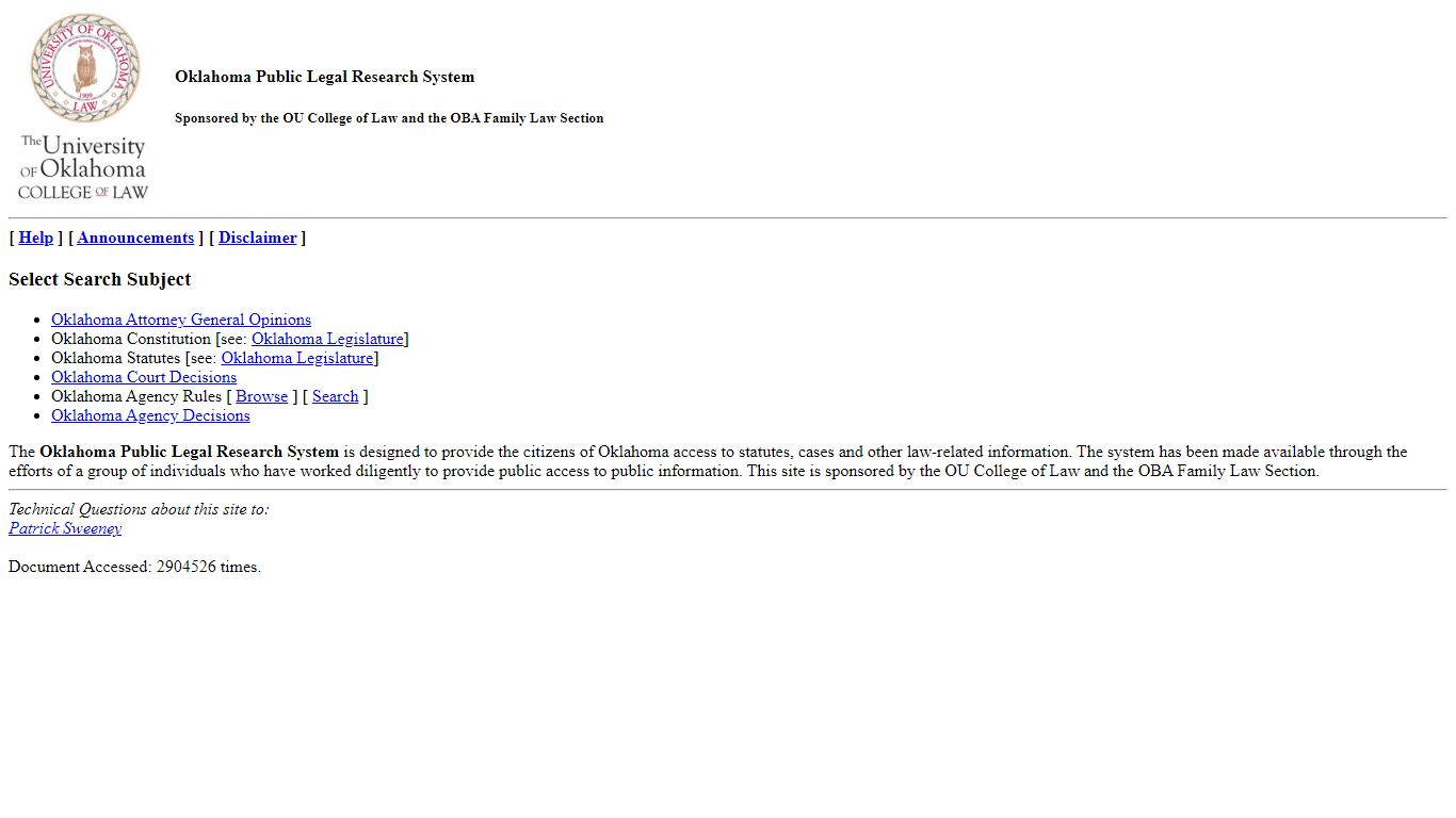 Oklahoma Legal Research System - Public Access to Public Information